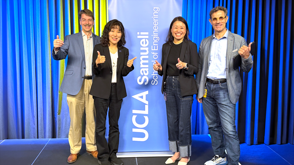 From left to right: Science Hub Faculty Director Jens Palsberg, UCLA Samueli Dean Alissa Park, Amazon Academic Research Initiatives Director Anne Szeto and AWS Applied Science Vice President Stefano Soatto pictured at Amazon Studios during the 2025 UCLA Ph.D. Research and Networking Event on October 3